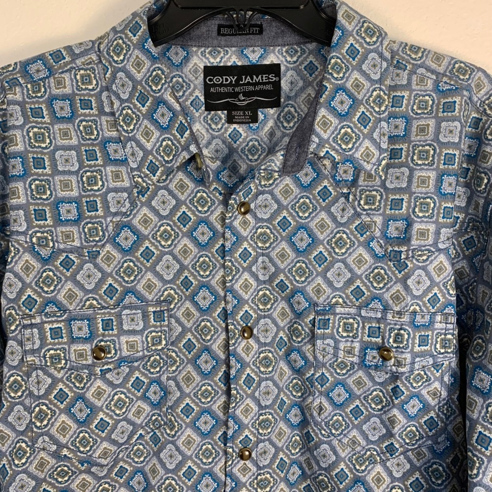 Cody James Mens XL Blue Geometric Diamond Pearl‎ Snap Western Shirt Regular Fit